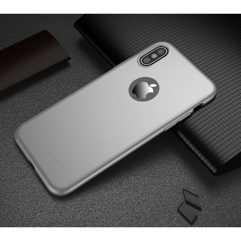 Set Husa si Folie de Protectie, Compatibila cu Apple iPhone X, Full Cover 360°, Plastic + Sticla, Argintiu