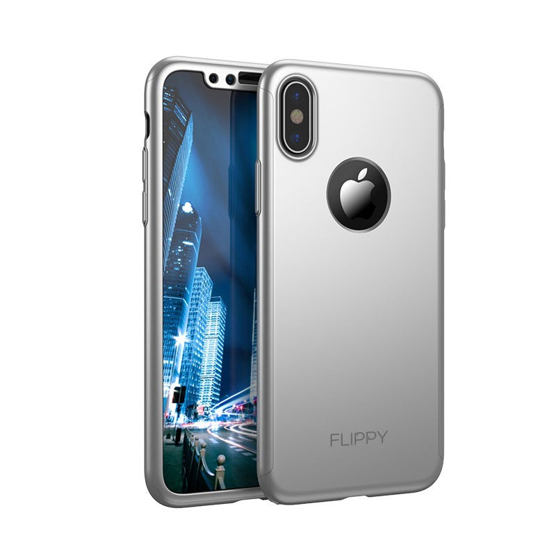 Set Husa si Folie de Protectie, Compatibila cu Apple iPhone X, Full Cover 360°, Plastic + Sticla, Argintiu