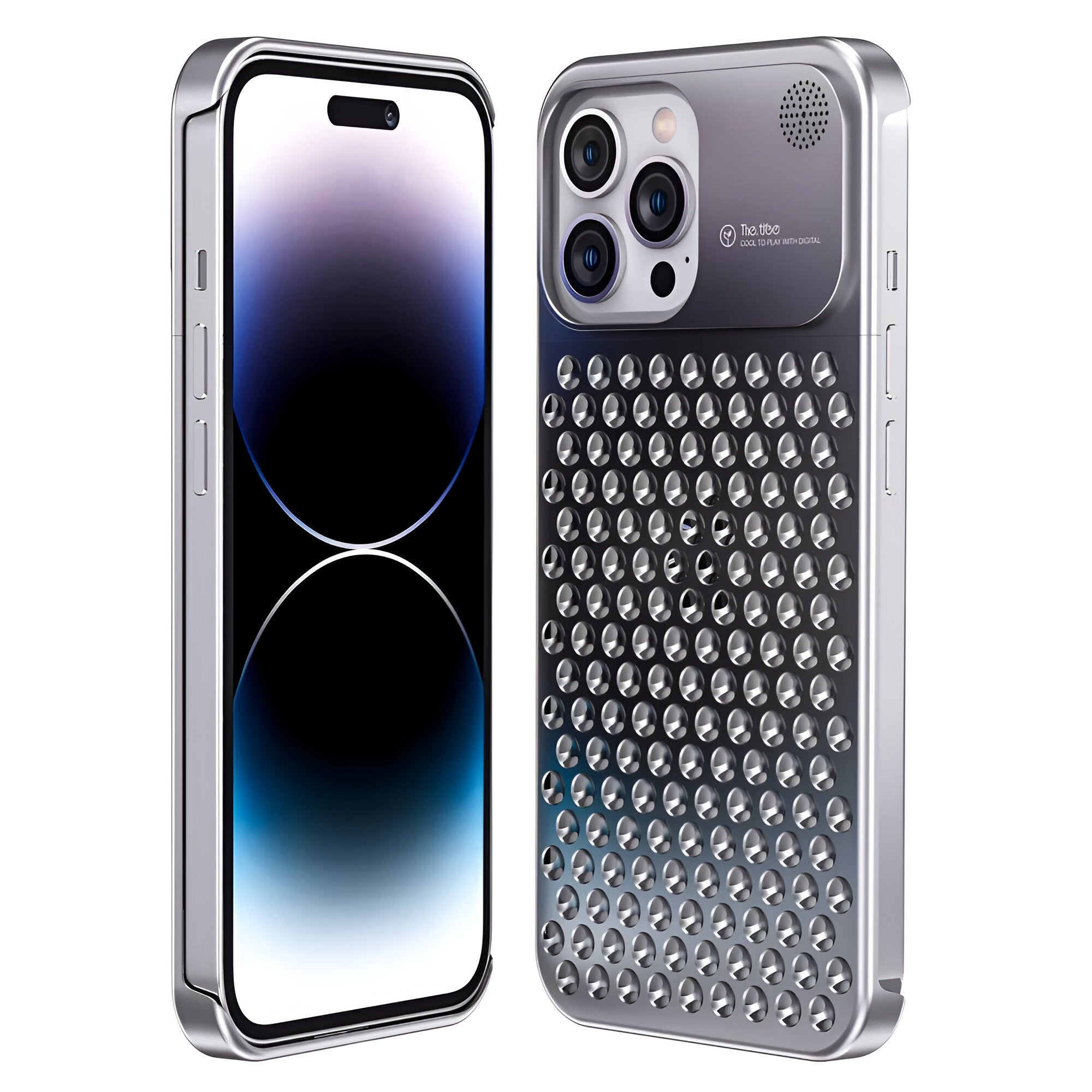 Husa Aromaterapia Compatibila cu iPhone 15 Pro, Antisoc, Antizgariere, Protectie Camera si Supraincalzire, din Aliaj de Aluminiu, Argintiu