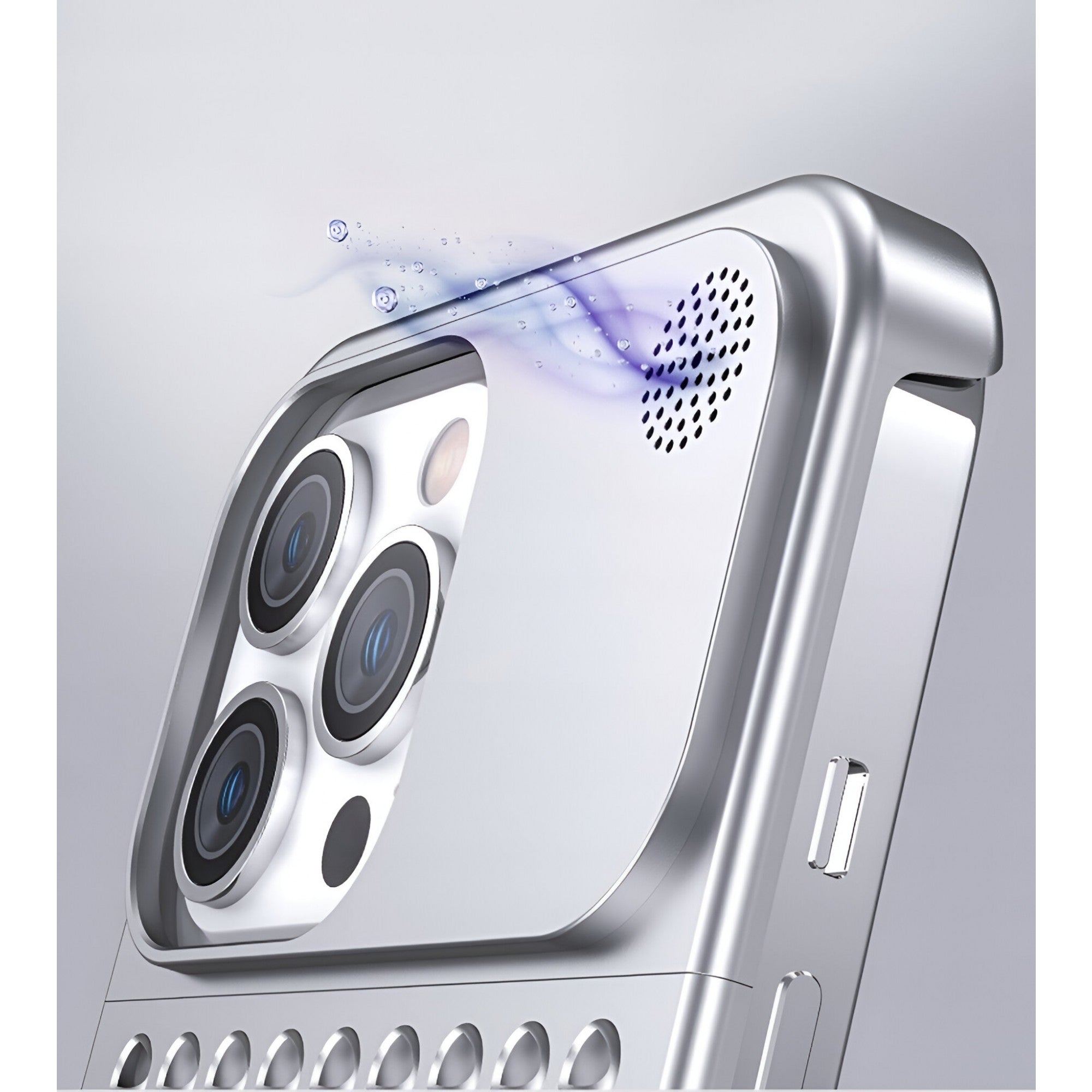 Husa Aromaterapia Compatibila cu iPhone 15 Pro, Antisoc, Antizgariere, Protectie Camera si Supraincalzire, din Aliaj de Aluminiu, Argintiu