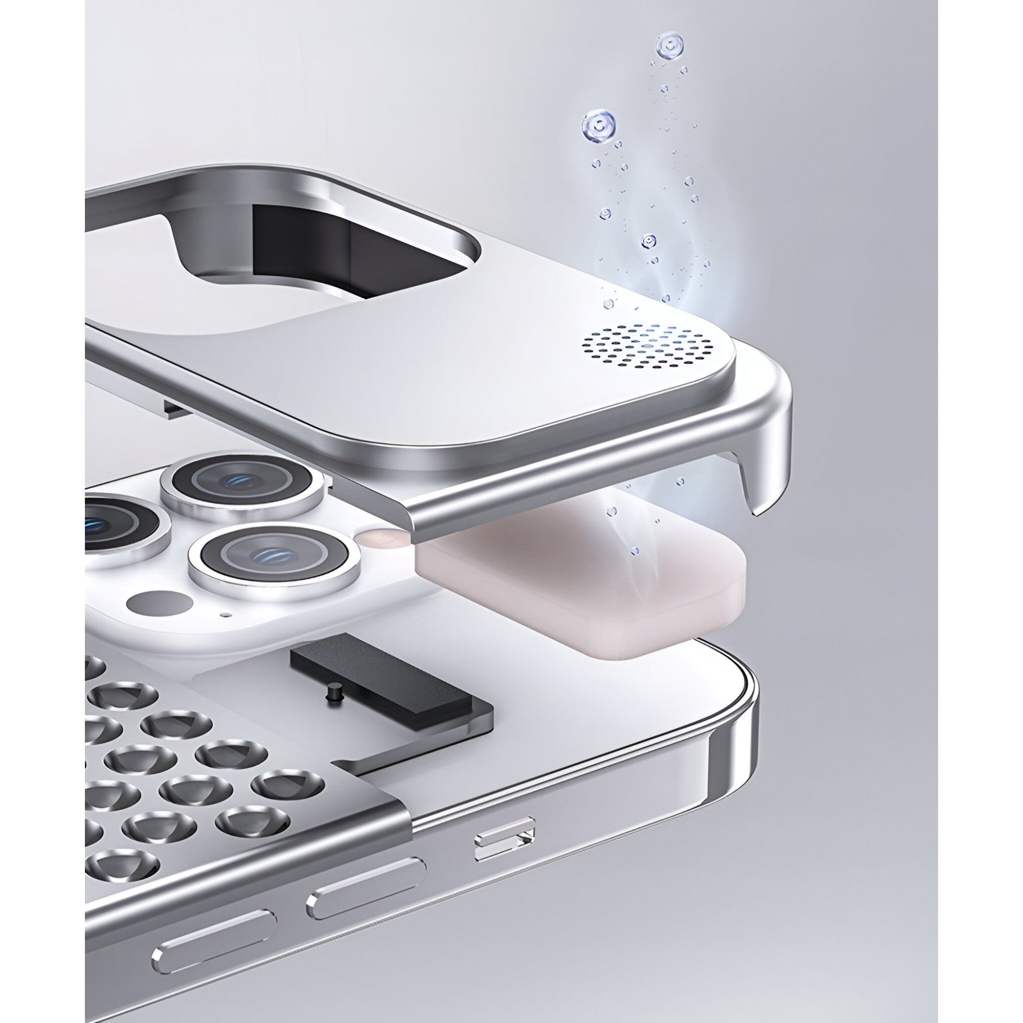 Husa Aromaterapia Compatibila cu iPhone 15 Pro, Antisoc, Antizgariere, Protectie Camera si Supraincalzire, din Aliaj de Aluminiu, Argintiu