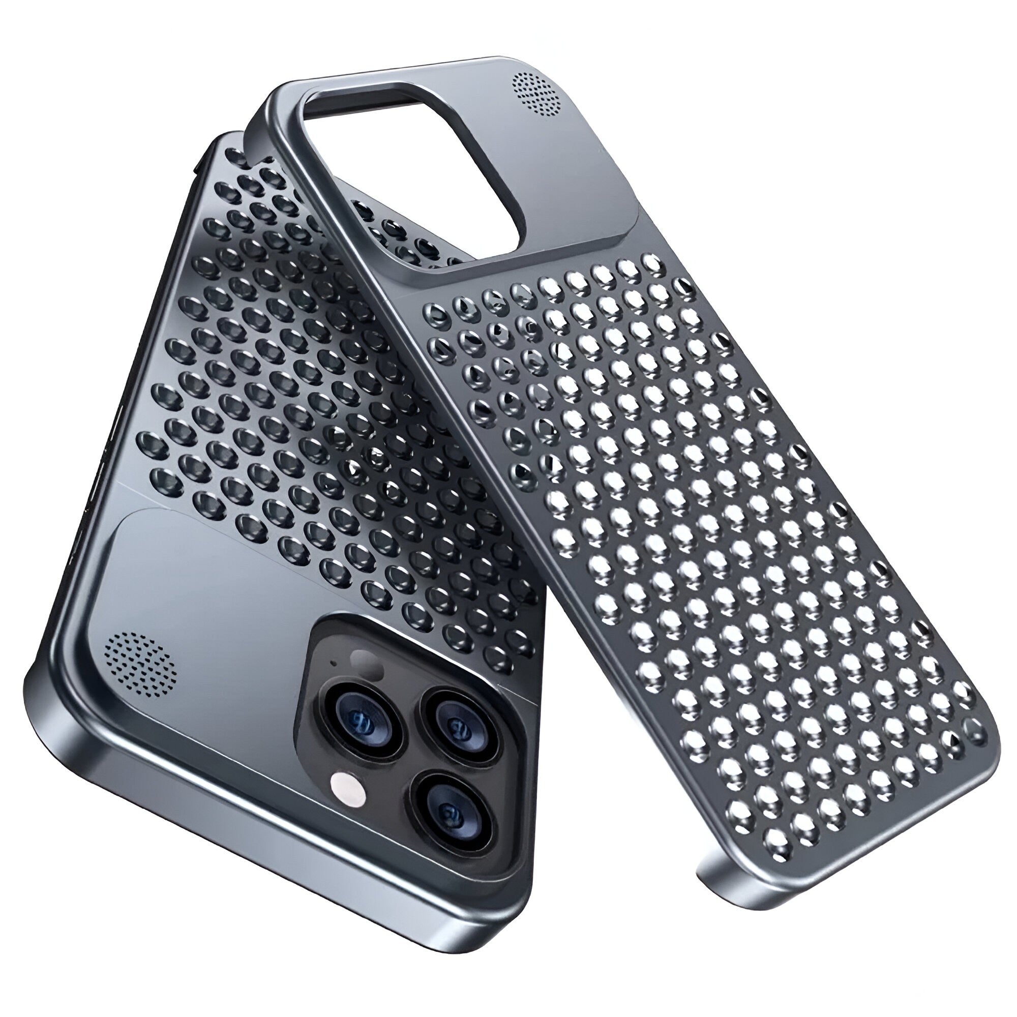 Husa Aromaterapia Compatibila cu iPhone 15 Pro, Antisoc, Antizgariere, Protectie Camera si Supraincalzire, din Aliaj de Aluminiu, Gri