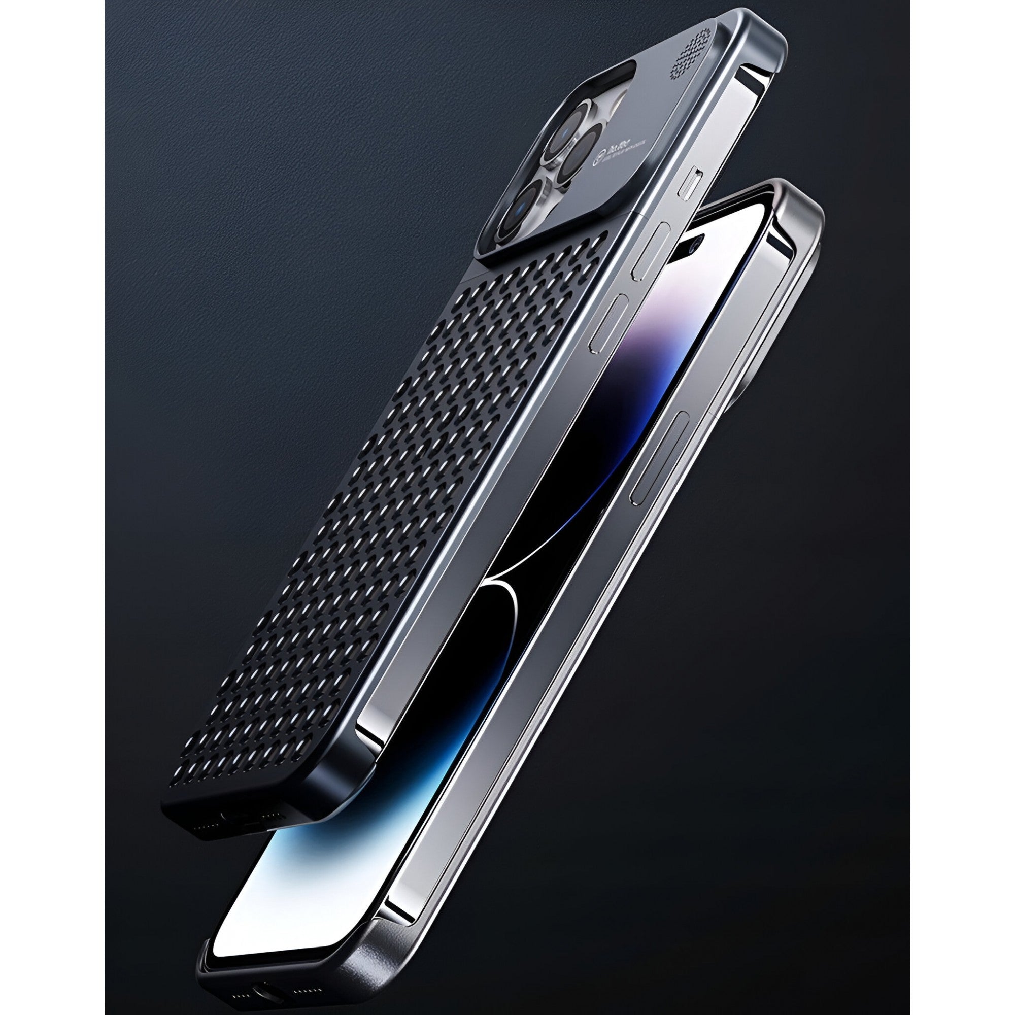 Husa Aromaterapia Compatibila cu iPhone 15 Pro, Antisoc, Antizgariere, Protectie Camera si Supraincalzire, din Aliaj de Aluminiu, Gri