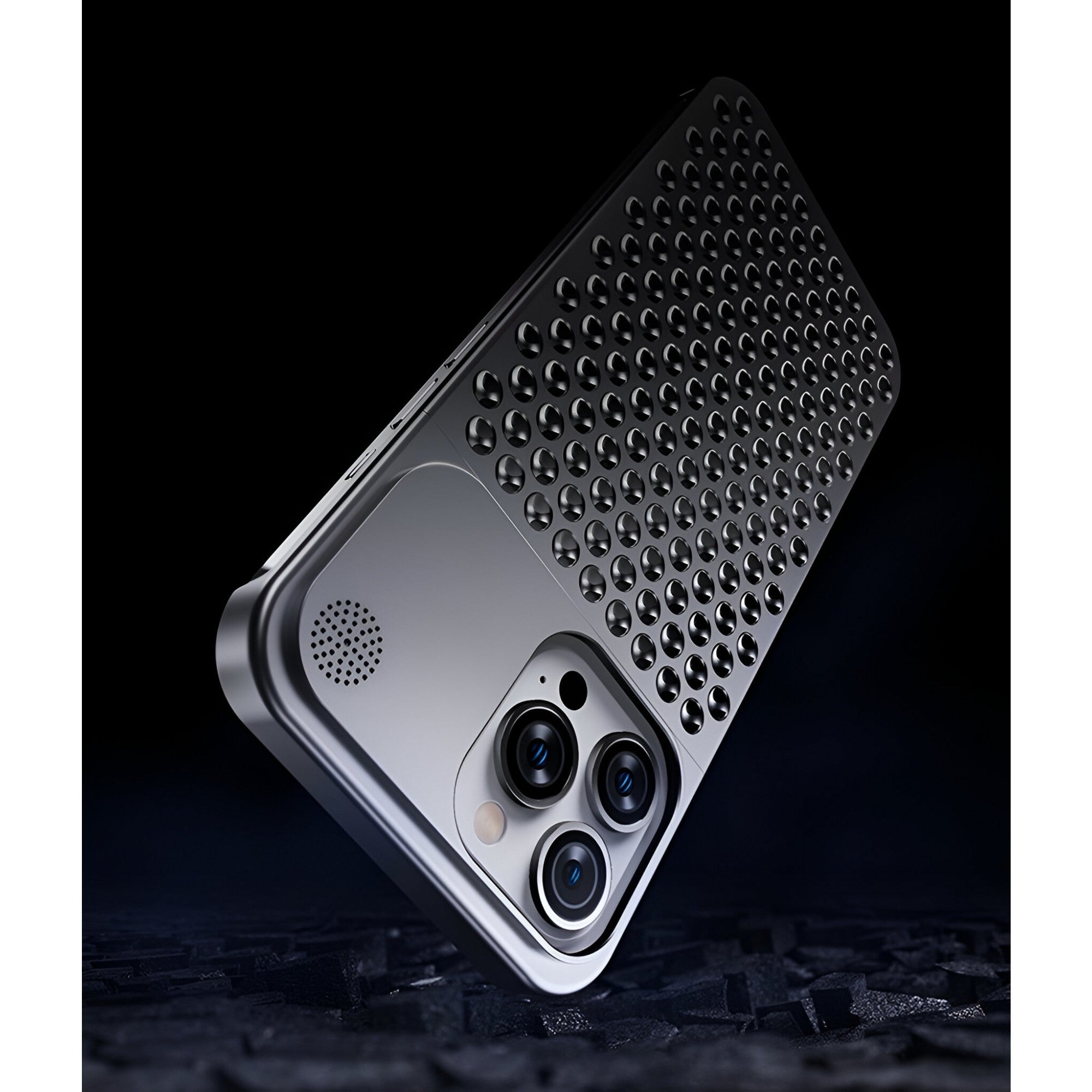 Husa Aromaterapia Compatibila cu iPhone 15 Pro, Antisoc, Antizgariere, Protectie Camera si Supraincalzire, din Aliaj de Aluminiu, Gri