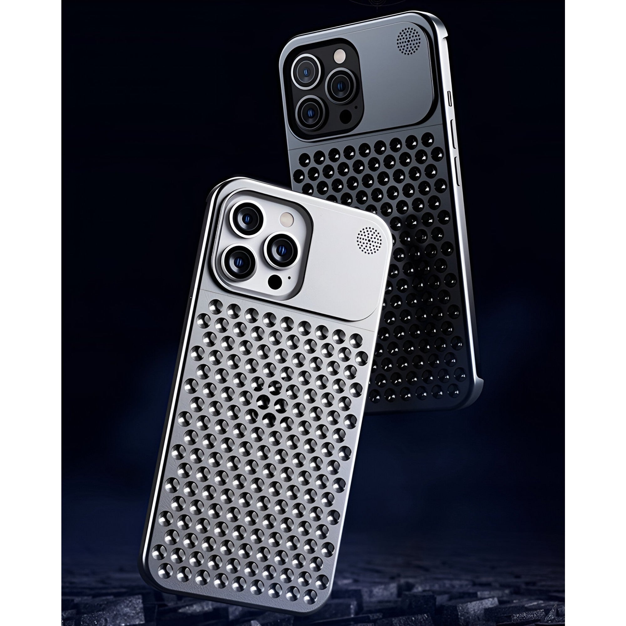 Husa Aromaterapia Compatibila cu iPhone 15 Pro Max, Antisoc, Antizgariere, Protectie Camera si Supraincalzire, din Aliaj de Aluminiu, Argintiu