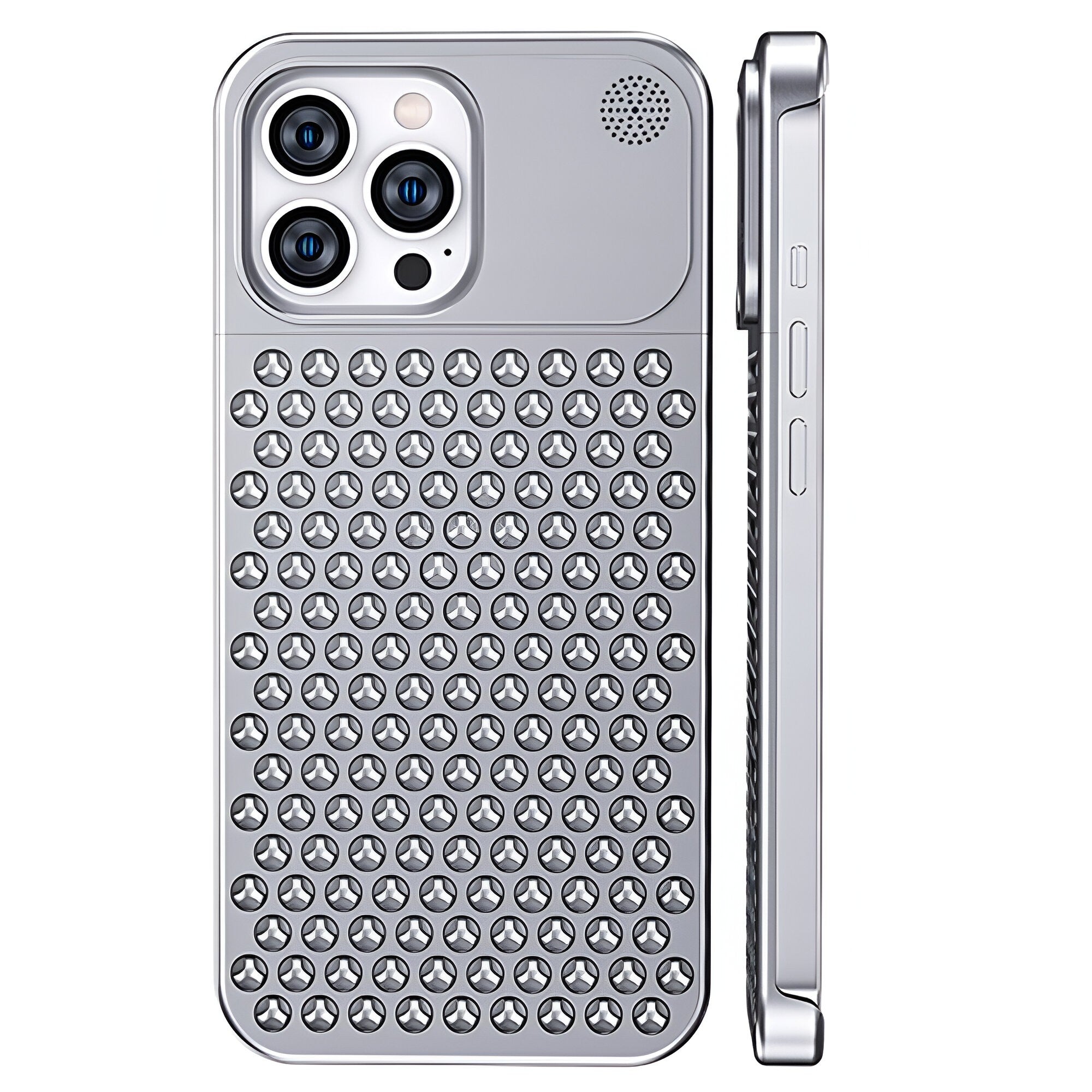 Husa Aromaterapia Compatibila cu iPhone 15 Pro Max, Antisoc, Antizgariere, Protectie Camera si Supraincalzire, din Aliaj de Aluminiu, Argintiu