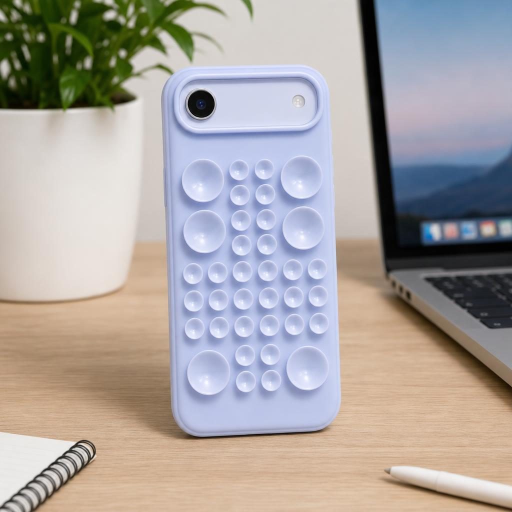 Husa cu Ventuze, Compatibila iPhone 17 Air, din Silicon, Interior Microfibra, Albastru Gri