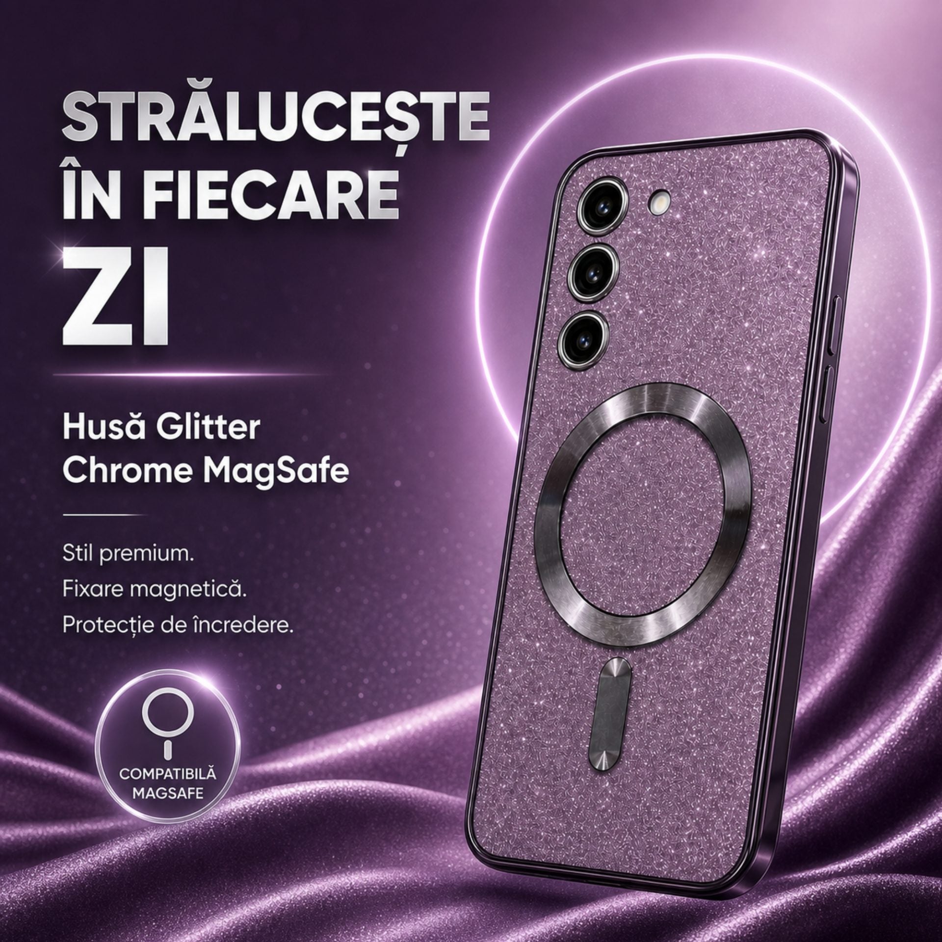 Husă de Protecție 2 în 1, Compatibilă cu Samsung Galaxy S23, Model Glitter Chrome MagSafe, din TPU, Magnetică, cu Protecție pentru Lentile, Mov