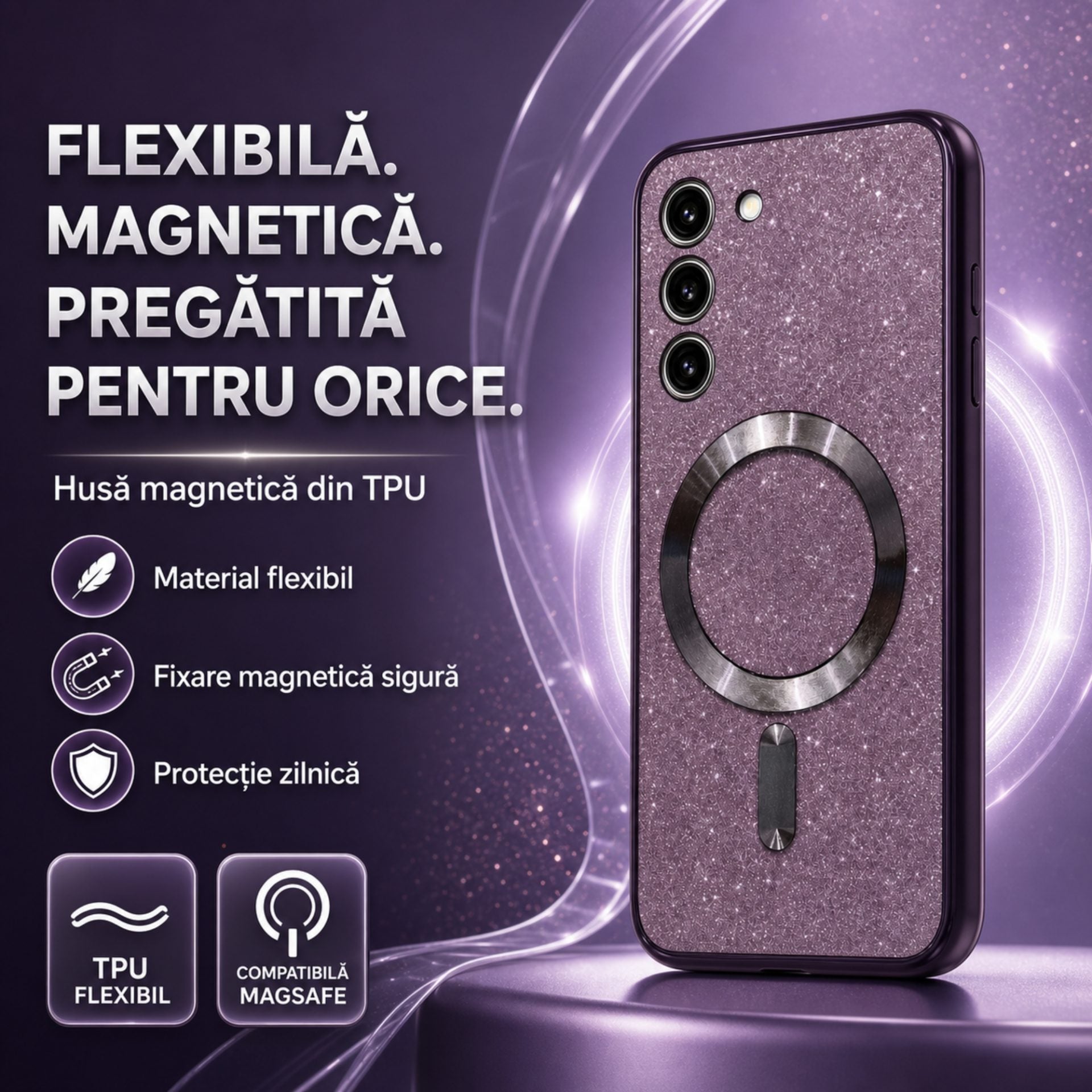 Husă de Protecție 2 în 1, Compatibilă cu Samsung Galaxy S23, Model Glitter Chrome MagSafe, din TPU, Magnetică, cu Protecție pentru Lentile, Mov