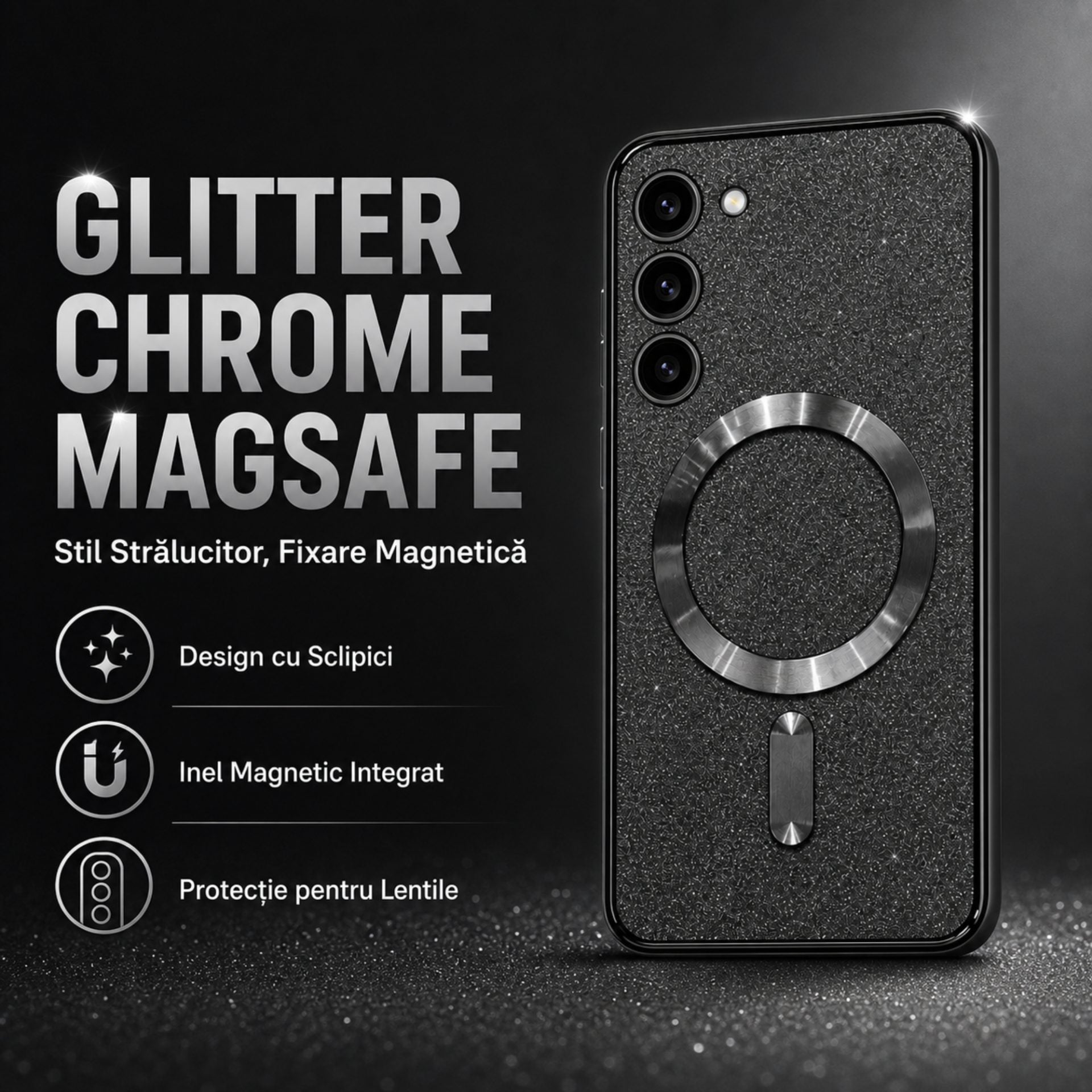 Husă de Protecție 2 în 1, Compatibilă cu Samsung Galaxy S23, Model Glitter Chrome MagSafe, din TPU, Magnetică, cu Protecție pentru Lentile, Negru