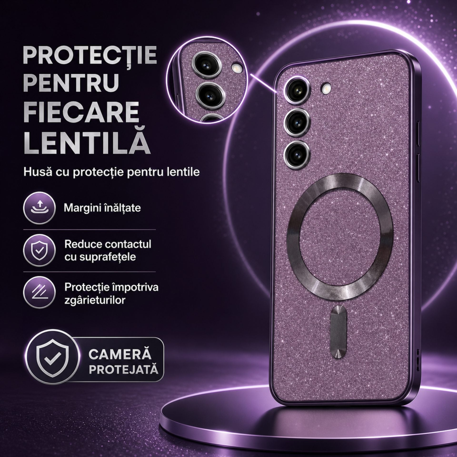 Husă de Protecție 2 în 1, Compatibilă cu Samsung Galaxy S23, Model Glitter Chrome MagSafe, din TPU, Magnetică, cu Protecție pentru Lentile, Mov