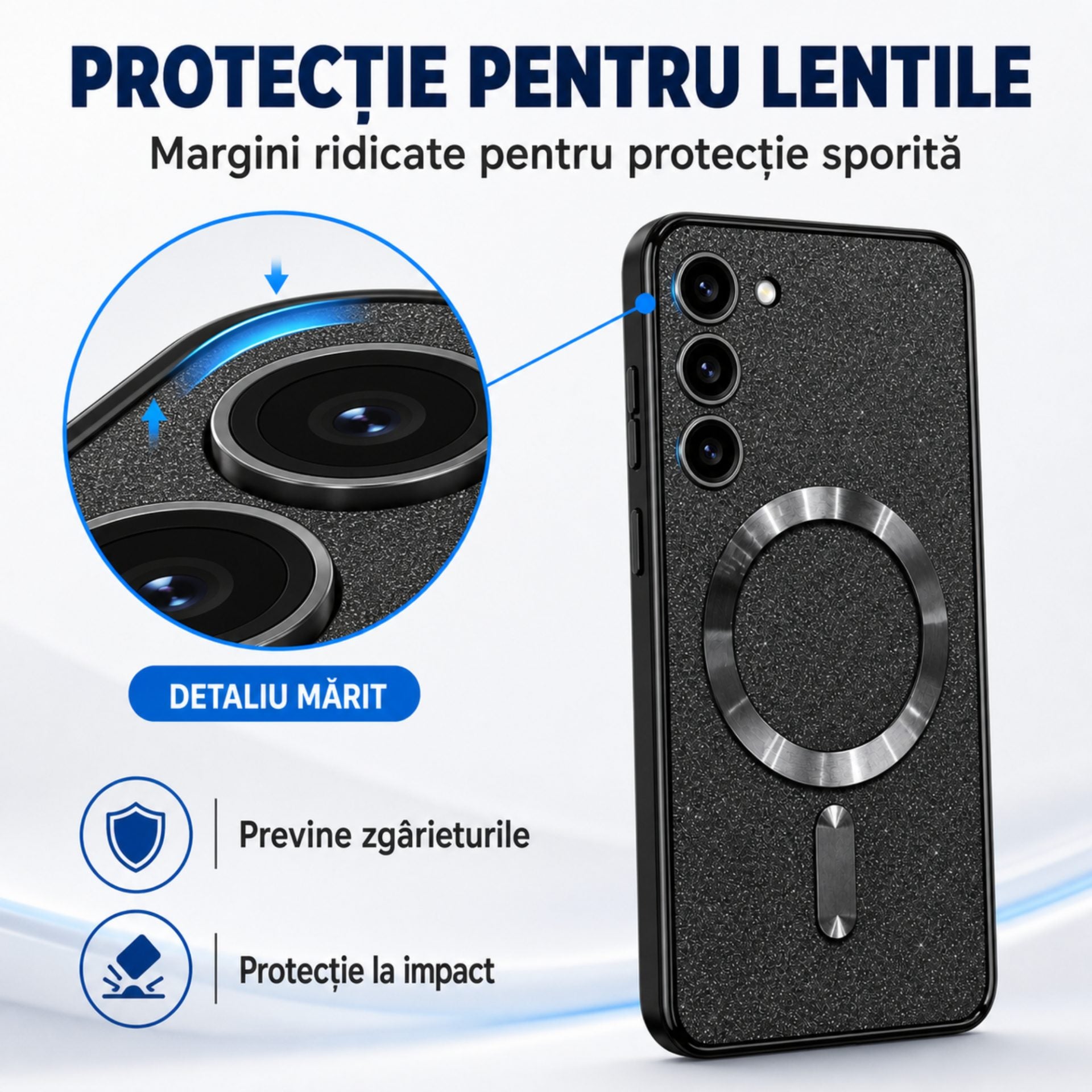 Husă de Protecție 2 în 1, Compatibilă cu Samsung Galaxy S23, Model Glitter Chrome MagSafe, din TPU, Magnetică, cu Protecție pentru Lentile, Negru