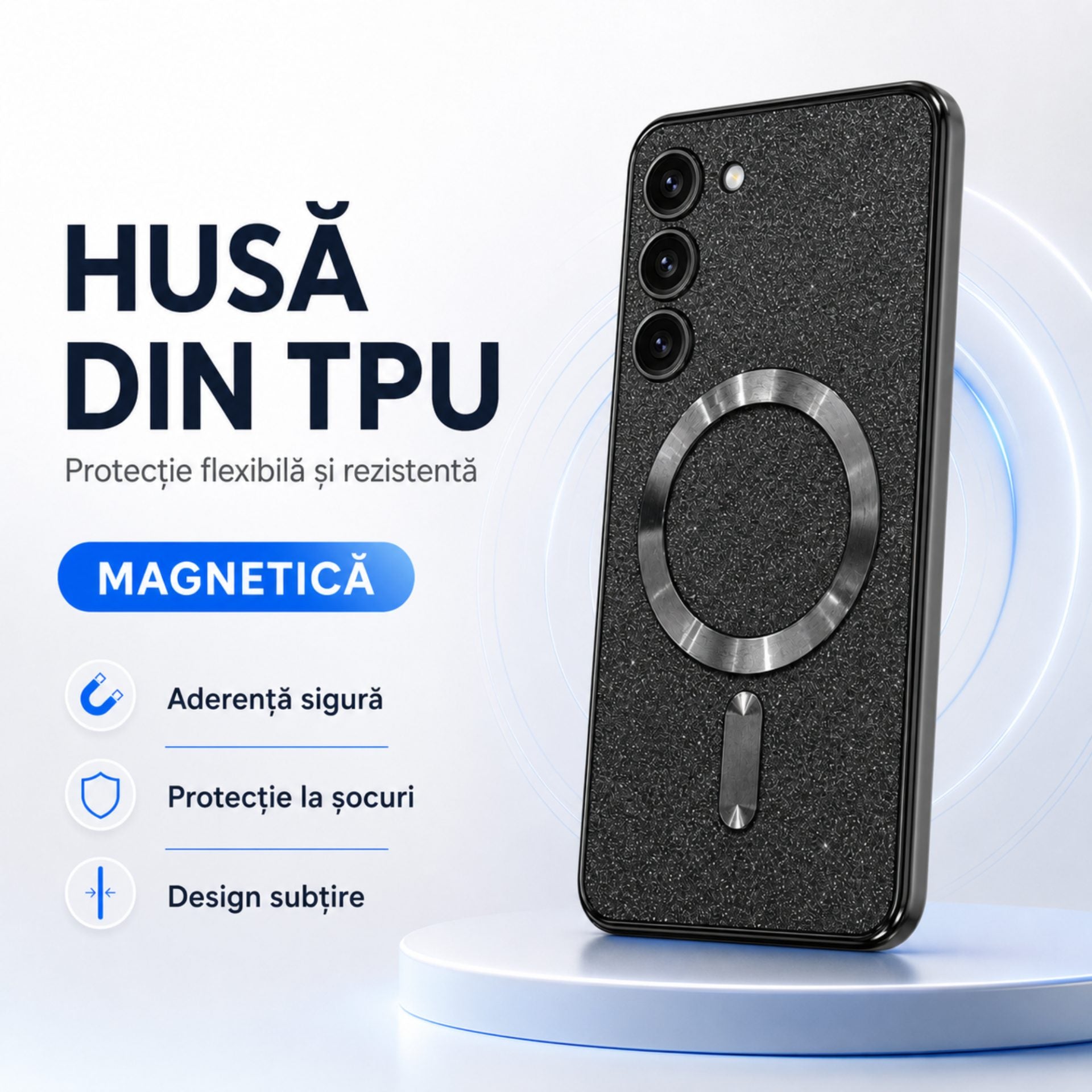 Husă de Protecție 2 în 1, Compatibilă cu Samsung Galaxy S23, Model Glitter Chrome MagSafe, din TPU, Magnetică, cu Protecție pentru Lentile, Negru