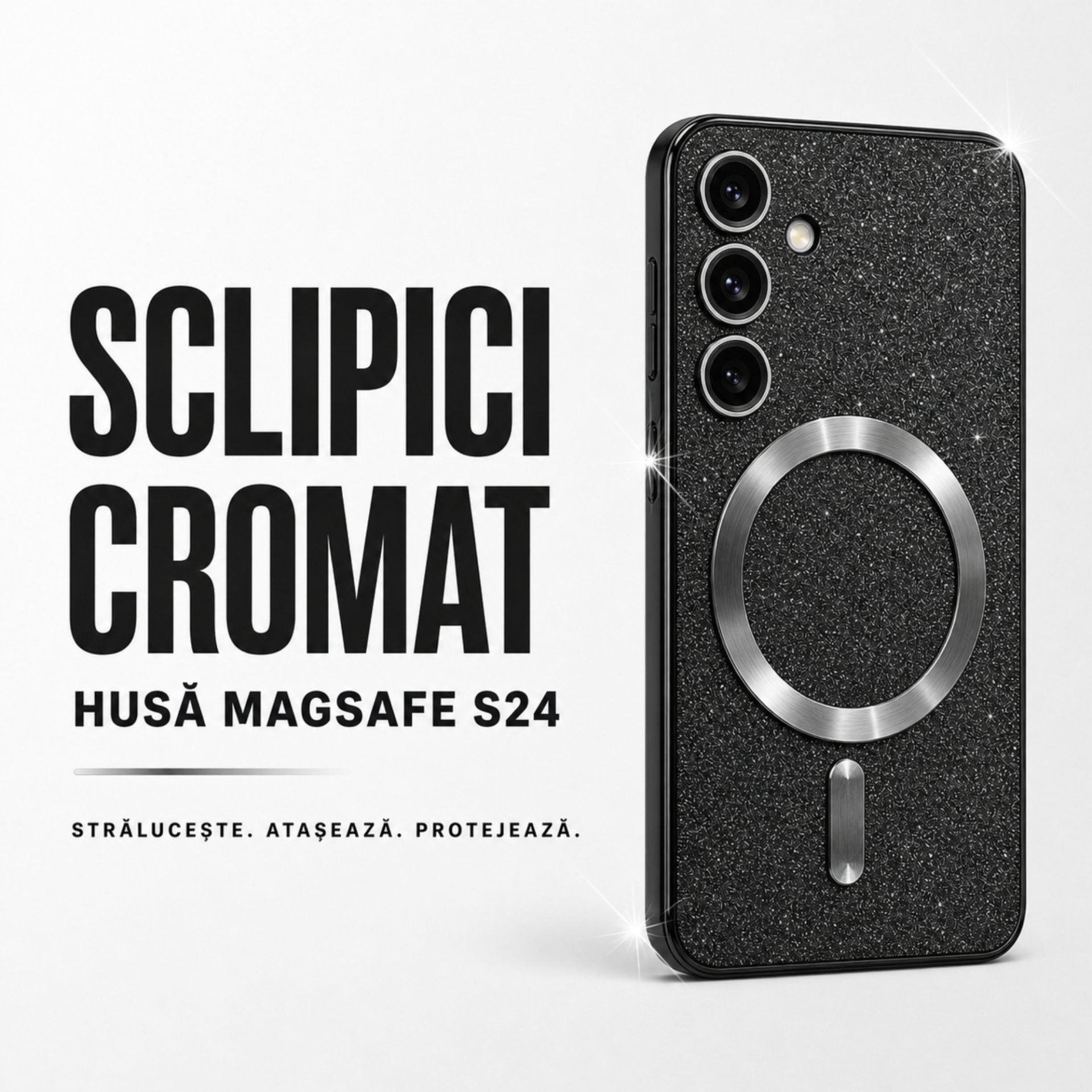 Husa de Protectie 2 in 1, Husa pentru Samsung Galaxy S24, Glitter Chrome Magsafe, din TPU, Magnetica, cu Protectie Lentila, Negru