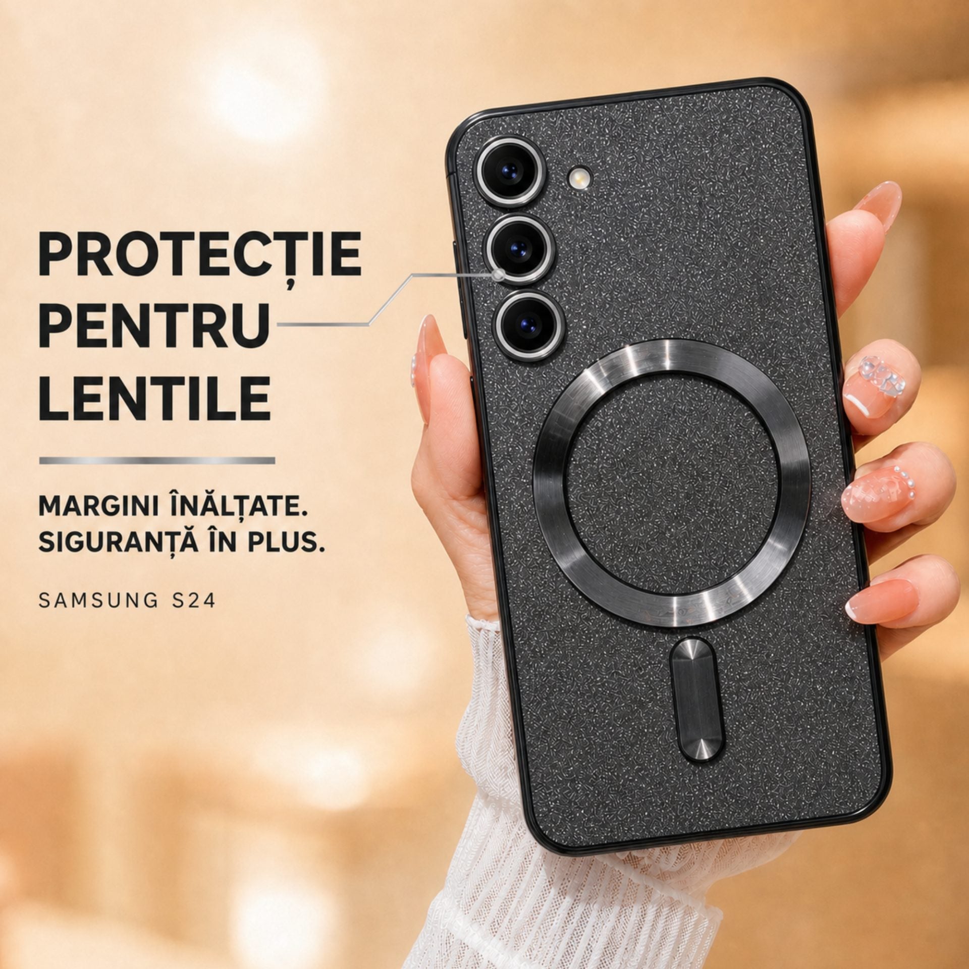 Husa de Protectie 2 in 1, Husa pentru Samsung Galaxy S24, Glitter Chrome Magsafe, din TPU, Magnetica, cu Protectie Lentila, Negru