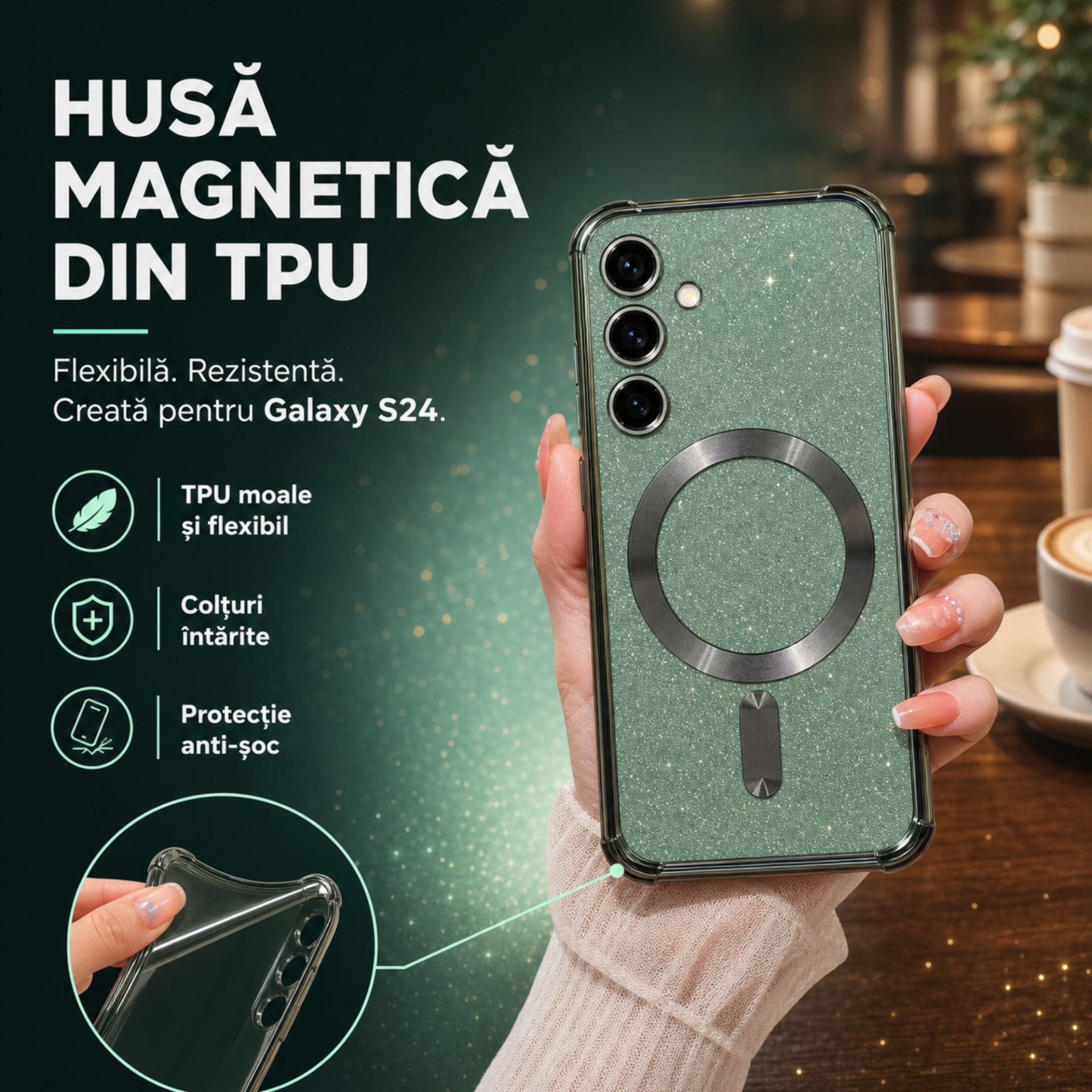 Husa de Protectie 2 in 1, Husa pentru Samsung Galaxy S24,ge, din TPU, Magnetica, cu Protectie Lentila, Verde