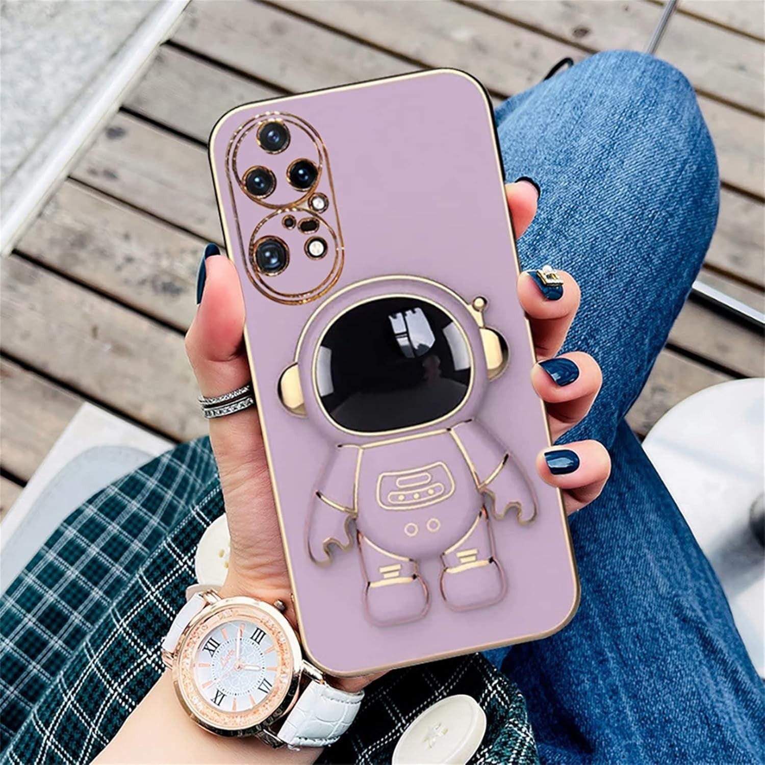 Husa Telefon 2in1, Compatibila Huawei P50 Pro, Carcasa TPU cu Suport Inclus Tip Astronaut, Protectie Camere, Mov