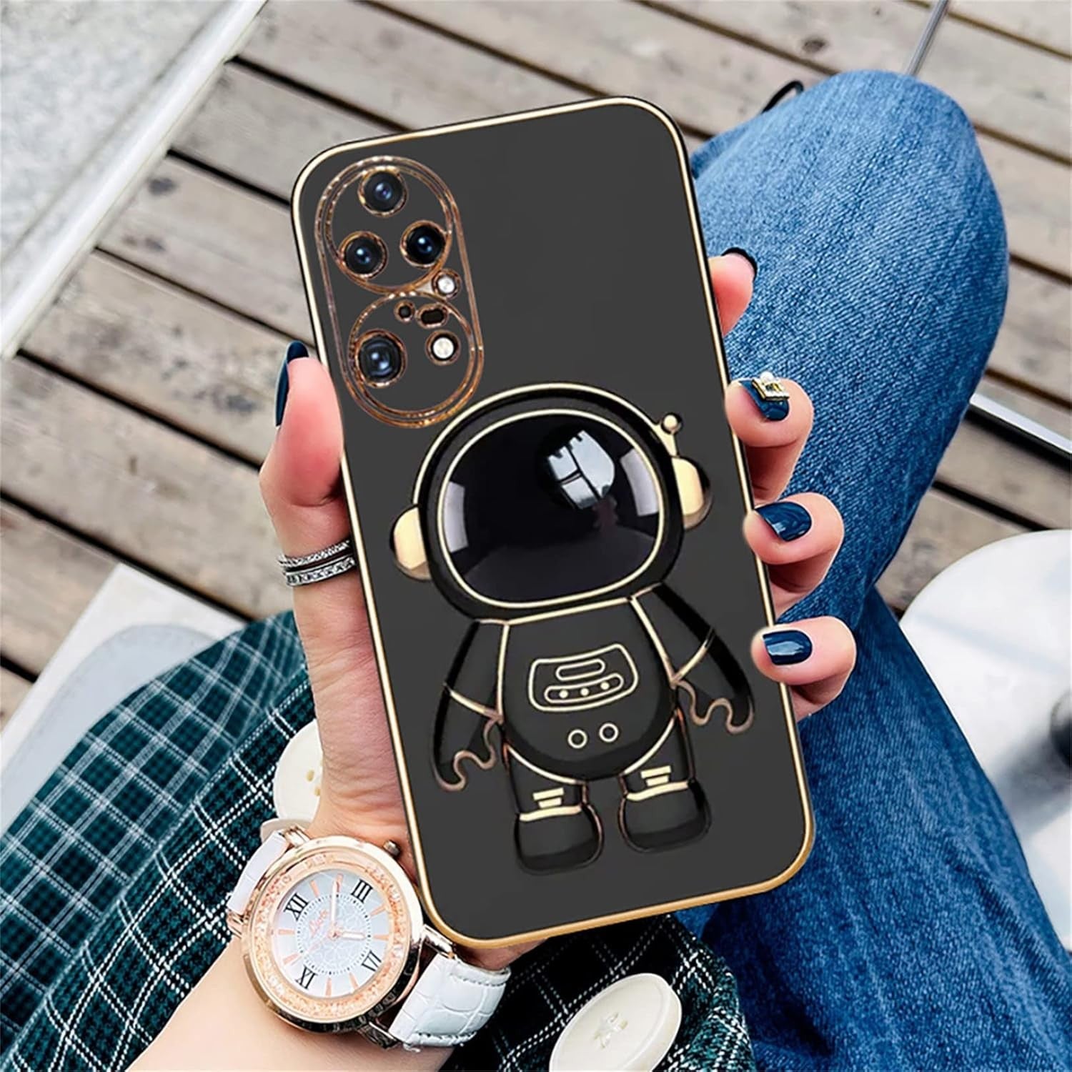 Husa Telefon 2in1, Compatibila Huawei P50 Pro, Carcasa TPU cu Suport Inclus Tip Astronaut, Protectie Camere, Negru