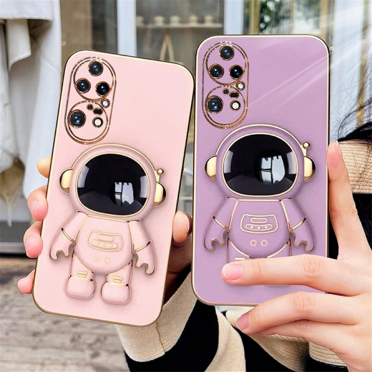 Husa Telefon 2in1, Compatibila Huawei P60 Pro, Carcasa TPU cu Suport Inclus Tip Astronaut, Protectie Camere, Roz