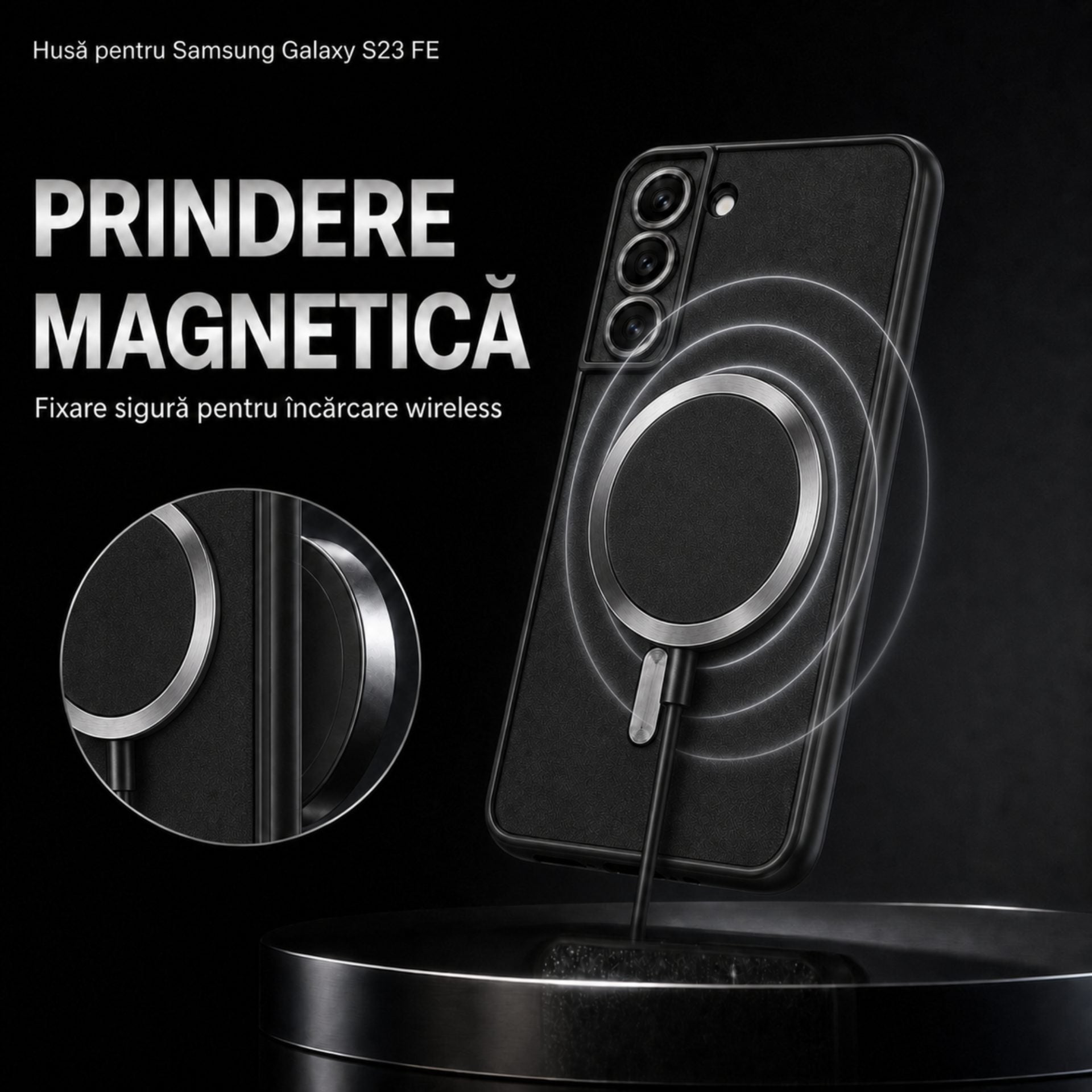 Husa de Protectie 2 in 1, pentru Samsung Galaxy S21FE, Glitter Chrome Magsafe, din TPU, Magnetica, cu Protectie Lentila, Negru