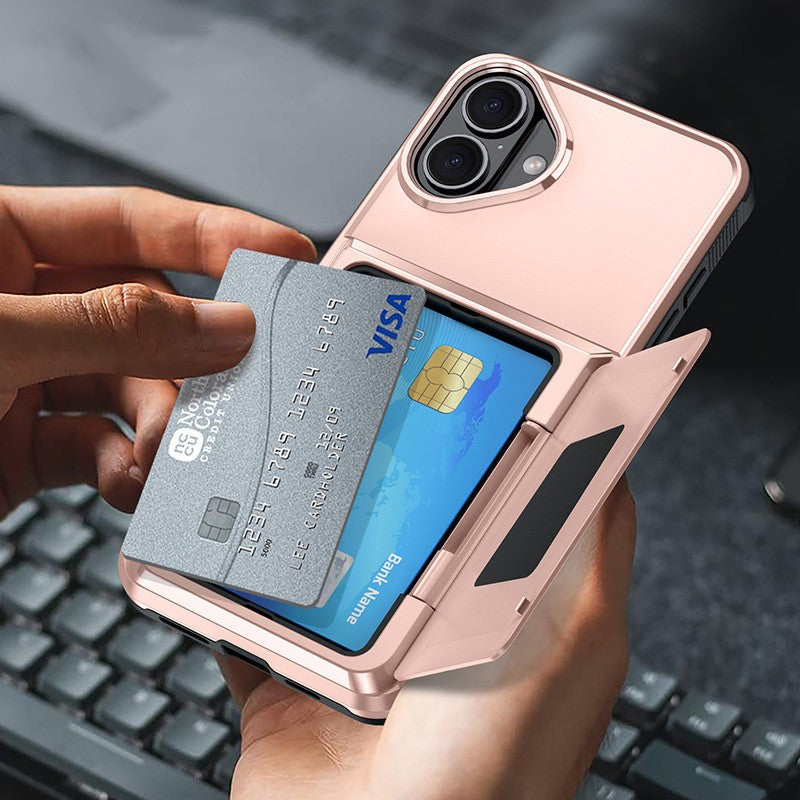 Husa de Protectie compatibila Apple iPhone 17, Compartiment pentru Carduri, Anti-alunecare, Protectie PC, Rezistenta la Zgirieturi, Rose Gold