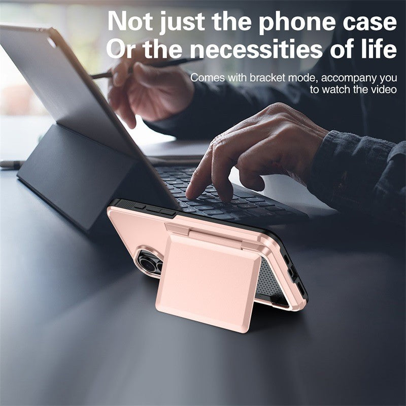 Husa de Protectie compatibila Apple iPhone 17, Compartiment pentru Carduri, Anti-alunecare, Protectie PC, Rezistenta la Zgirieturi, Rose Gold