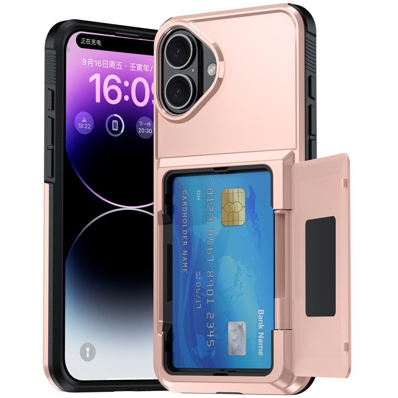 Husa de Protectie compatibila Apple iPhone 17, Compartiment pentru Carduri, Anti-alunecare, Protectie PC, Rezistenta la Zgirieturi, Rose Gold