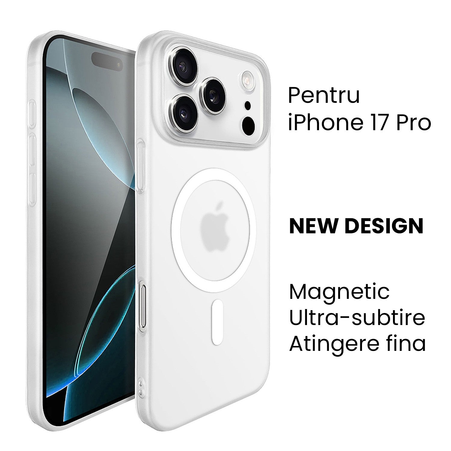 Husa de Protectie compatibila Apple iPhone 17 Pro, Flippy, Magnetica Ultra-subtire, Anti-alunecare, Protectie PC, Rezistenta la Zgirieturi, Alb
