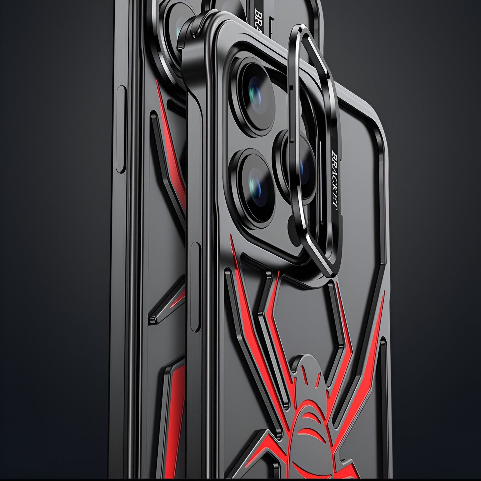 Husa de Protectie Compatibila iPhone 15 Pro Max, cu Suport Metalic pentru Camera, Armor Protective Series, Antisoc, Protectie de Metal pe Margini, Model Paianjen, Negru Rosu