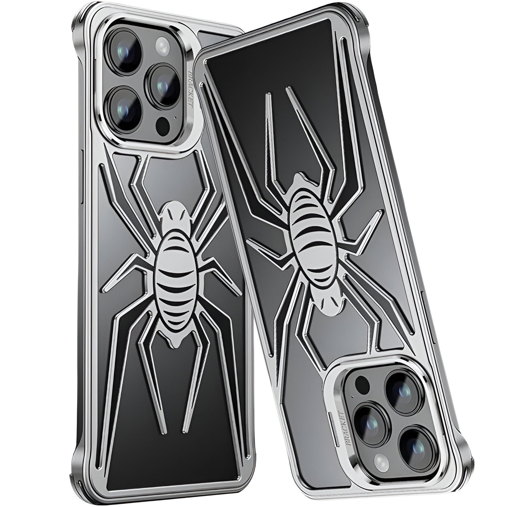 Husa de Protectie Compatibila iPhone 15 Pro Max, cu Suport Metalic pentru Camera, Armor Protective Series, Antisoc, Protectie de Metal pe Margini, Model Paianjen, Negru Gri