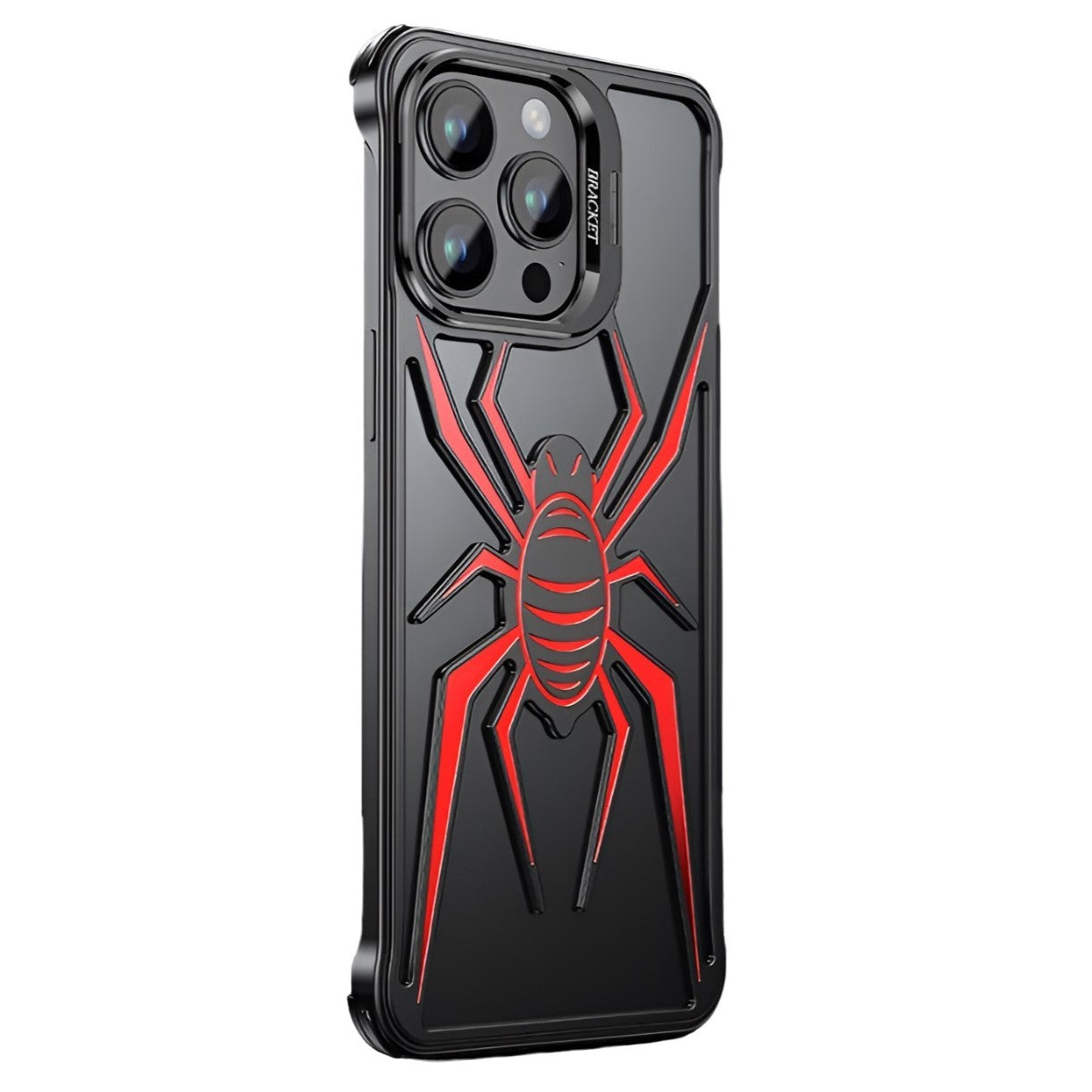 Husa de Protectie Compatibila iPhone 15 Pro Max, cu Suport Metalic pentru Camera, Armor Protective Series, Antisoc, Protectie de Metal pe Margini, Model Paianjen, Negru Rosu