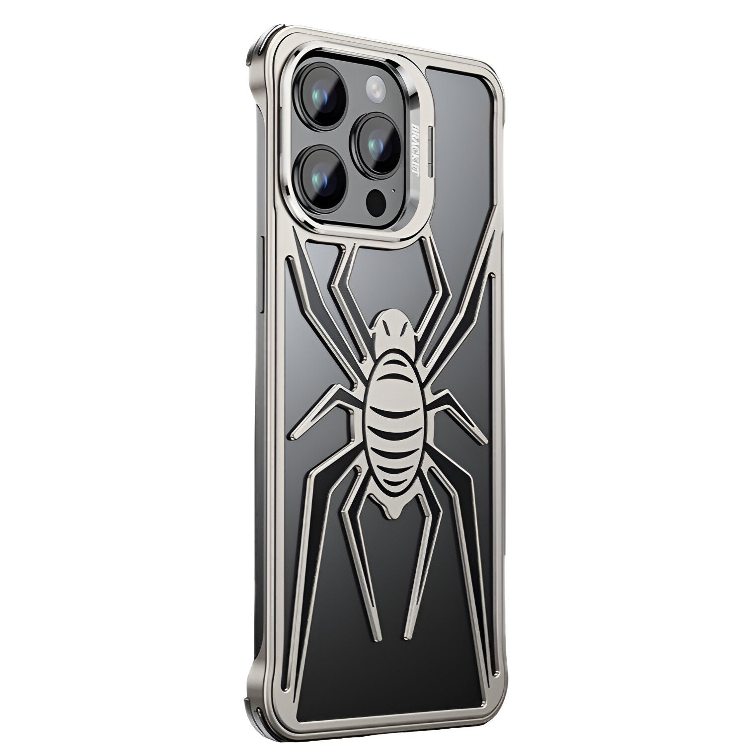 Husa de Protectie Compatibila iPhone 15 Pro Max, cu Suport Metalic pentru Camera, Armor Protective Series, Antisoc, Protectie de Metal pe Margini, Model Paianjen, Negru Gri