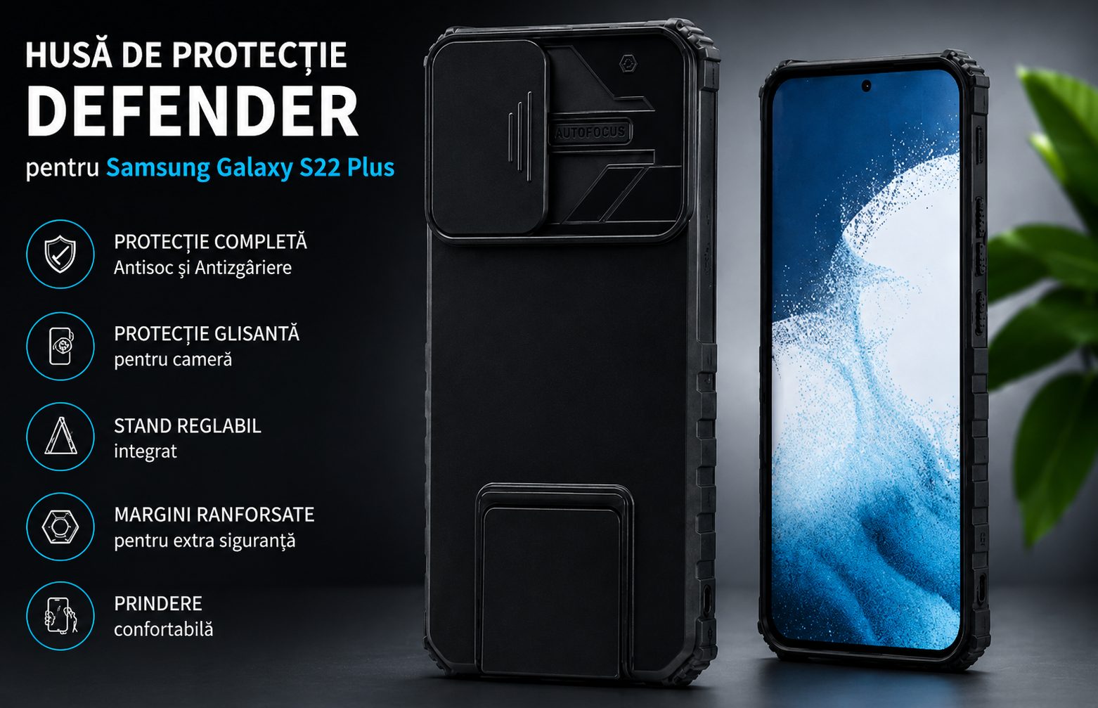 Husa de Protectie Defender, Compatibila cu Samsung Galaxy S22 Plus, cu Stand Reglabil Integrat, Protectie Glisanta pentru Camera, Antisoc si Antizgariere, Negru