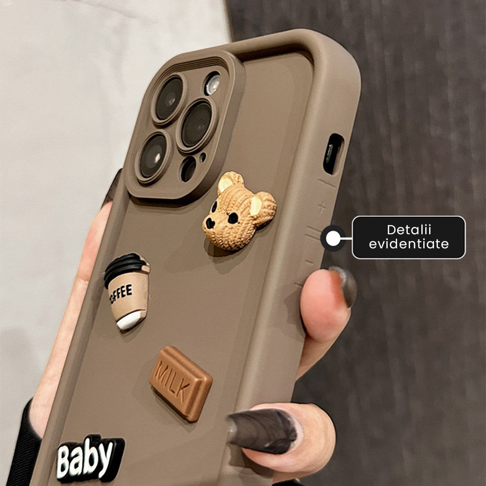 Husa de Protectie, Flippy, pentru Apple iPhone 13 Pro Max, Model Ursuleti 3D, Antisoc, Rezistenta la Impact, Protectie Camera, Maro