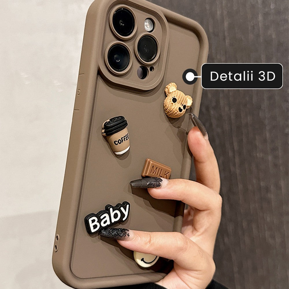 Husa de Protectie, Flippy, pentru Apple iPhone 14 Pro Max, Model Ursuleti 3D, Antisoc, Rezistenta la Impact, Protectie Camera, Maro