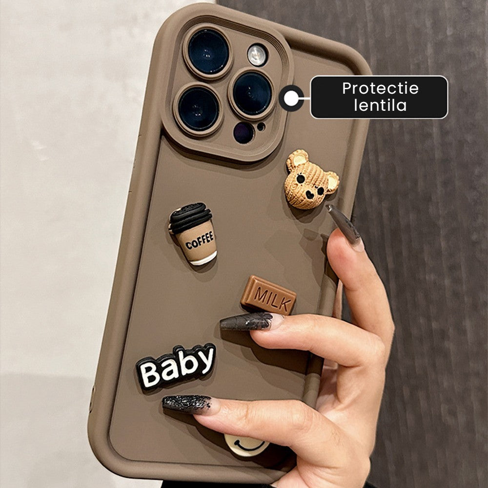 Husa de Protectie, Flippy, pentru Apple iPhone 15 , Model Ursuleti 3D, Antisoc, Rezistenta la Impact, Protectie Camera, Maro