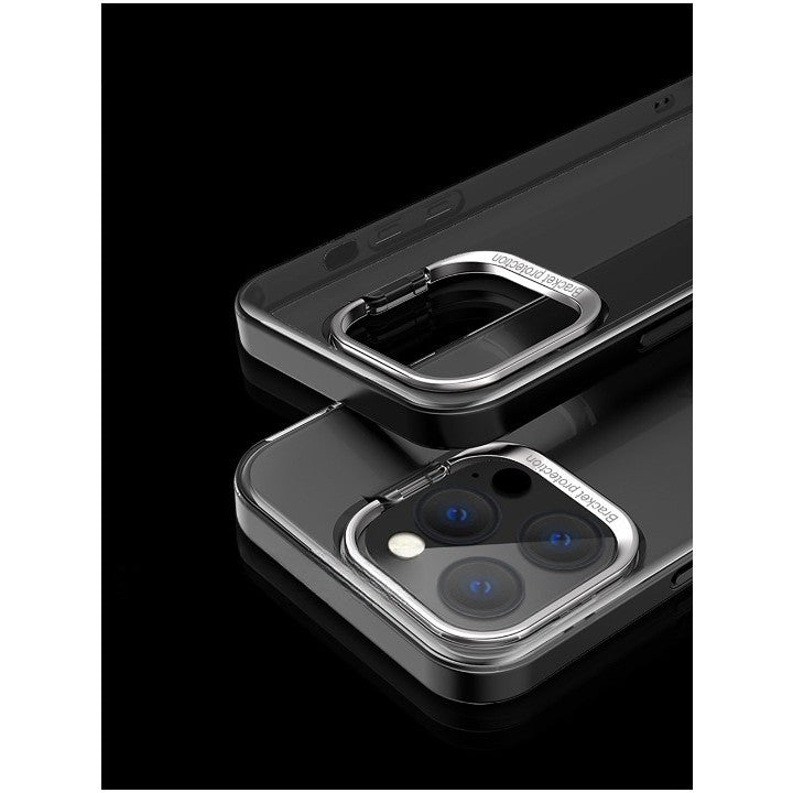 Husa de protectie pentru iPhone 14 Pro, cu suport metalic pentru camera, Bracket Series, Protectie Antisoc, PC mat, silicon moale pe margini, Negru
