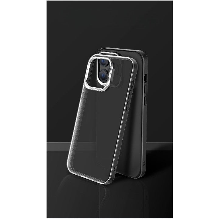 Husa de protectie pentru iPhone 14 Pro, cu suport metalic pentru camera, Bracket Series, Protectie Antisoc, PC mat, silicon moale pe margini, Negru