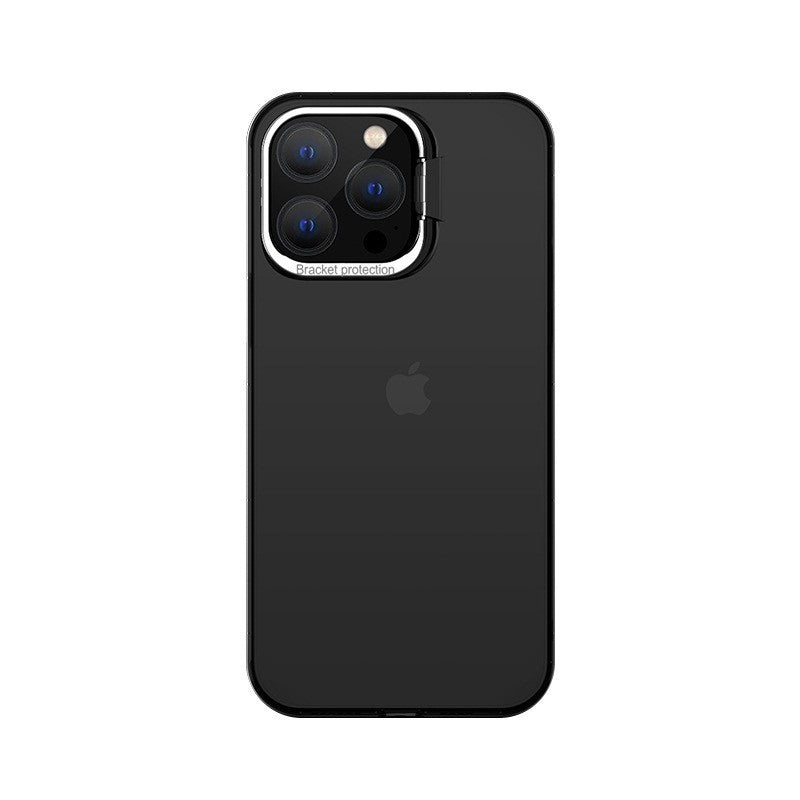 Husa de protectie pentru iPhone 14 Pro, cu suport metalic pentru camera, Bracket Series, Protectie Antisoc, PC mat, silicon moale pe margini, Negru