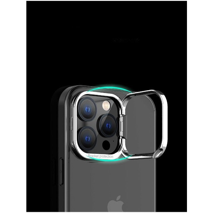 Husa de protectie pentru iPhone 14 Pro, cu suport metalic pentru camera, Bracket Series, Protectie Antisoc, PC mat, silicon moale pe margini, Negru