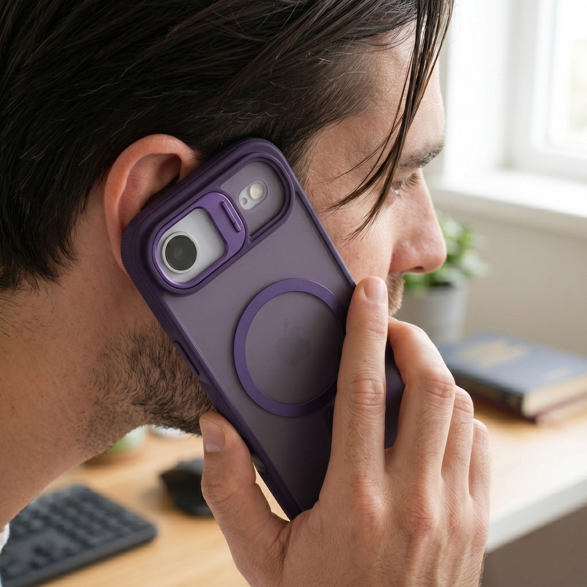 Husa de Protectie Telefon, Compatibila cu iPhone 17 Air, MagSafe, Acrylic, Suport Metalic Protectie Camera, Anti-Soc, Mov Inchis