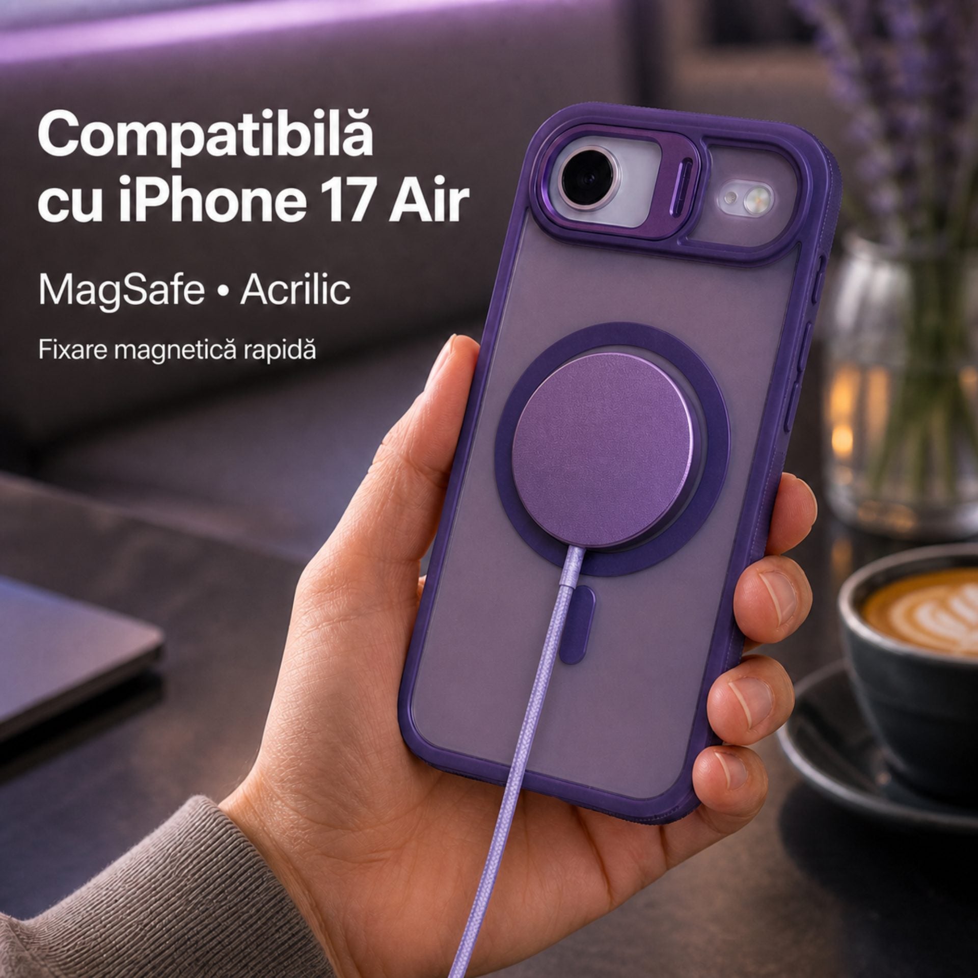 Husa de Protectie Telefon, Compatibila cu iPhone 17 Air, MagSafe, Acrylic, Suport Metalic Protectie Camera, Anti-Soc, Mov Inchis