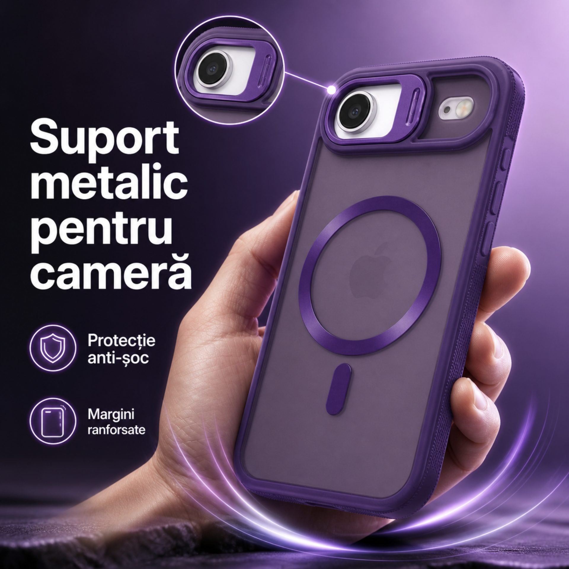 Husa de Protectie Telefon, Compatibila cu iPhone 17 Air, MagSafe, Acrylic, Suport Metalic Protectie Camera, Anti-Soc, Mov Inchis