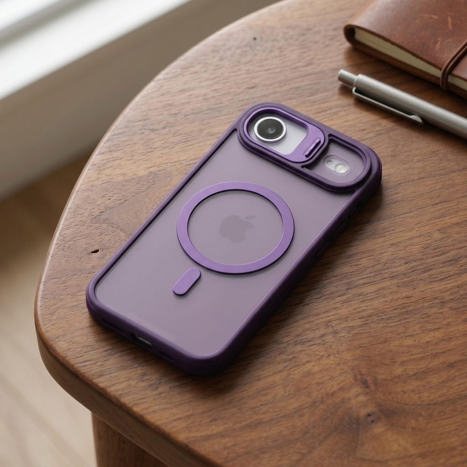 Husa de Protectie Telefon, Compatibila cu iPhone 17 Air, MagSafe, Acrylic, Suport Metalic Protectie Camera, Anti-Soc, Mov Inchis