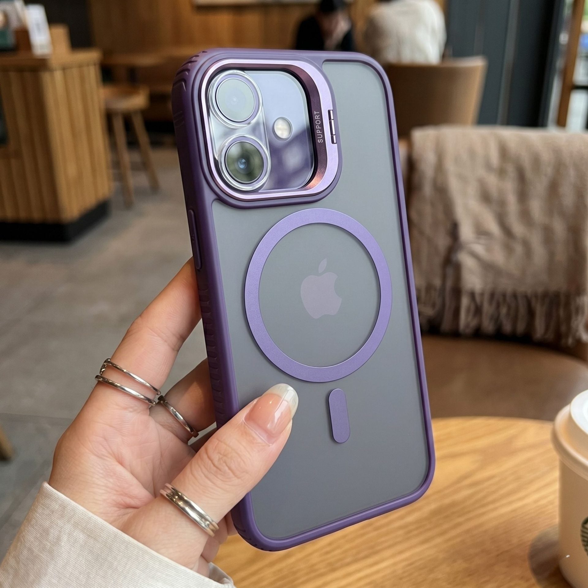 Husa de Protectie Telefon, Compatibila cu iPhone 17, MagSafe, Acrylic, Suport Metalic Protectie Camera, Anti-Soc, Mov Inchis