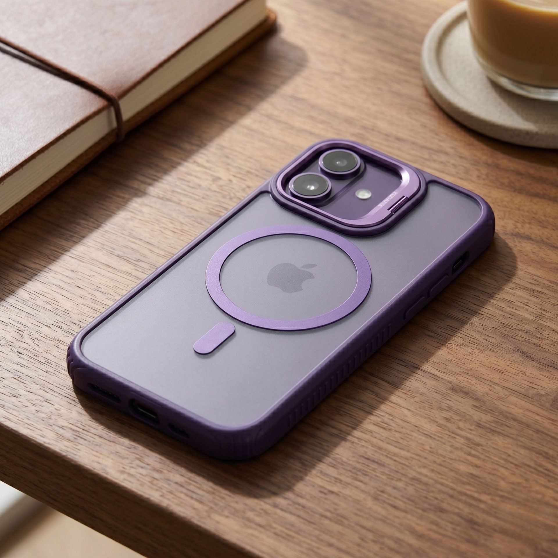 Husa de Protectie Telefon, Compatibila cu iPhone 17, MagSafe, Acrylic, Suport Metalic Protectie Camera, Anti-Soc, Mov Inchis