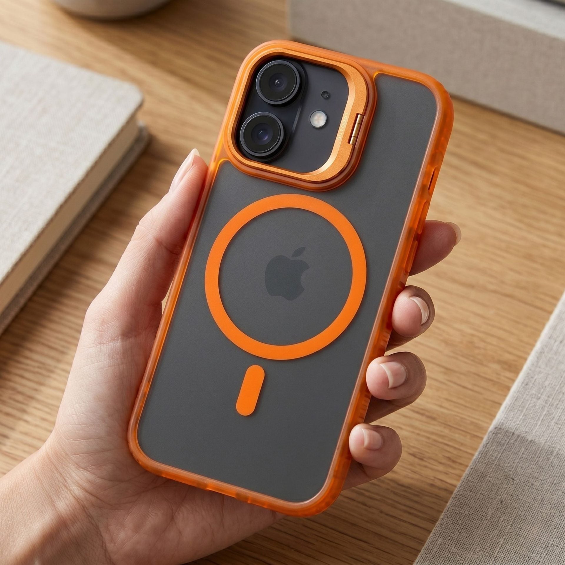 Husa de Protectie Telefon, Compatibila cu iPhone 17, MagSafe, Acrylic, Suport Metalic Protectie Camera, Anti-Soc, Portocaliu