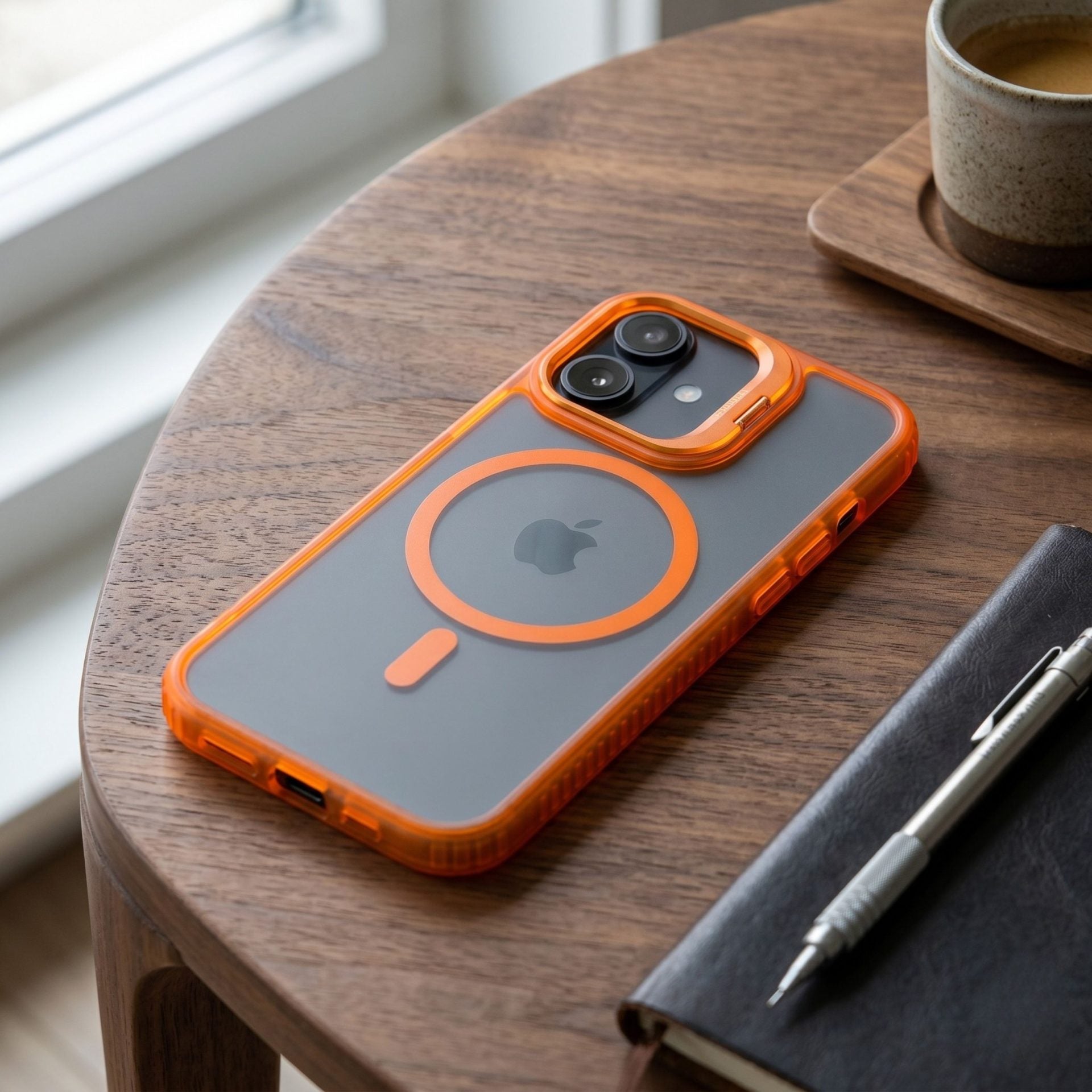 Husa de Protectie Telefon, Compatibila cu iPhone 17, MagSafe, Acrylic, Suport Metalic Protectie Camera, Anti-Soc, Portocaliu