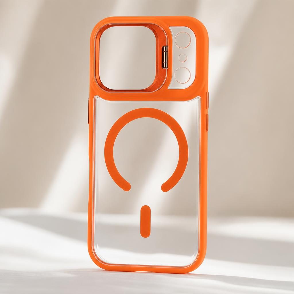Husa de Protectie Telefon, Compatibila cu iPhone 17 Pro, MagSafe, Acrylic, Suport Metalic Protectie Camera, Anti-Soc, Portocaliu