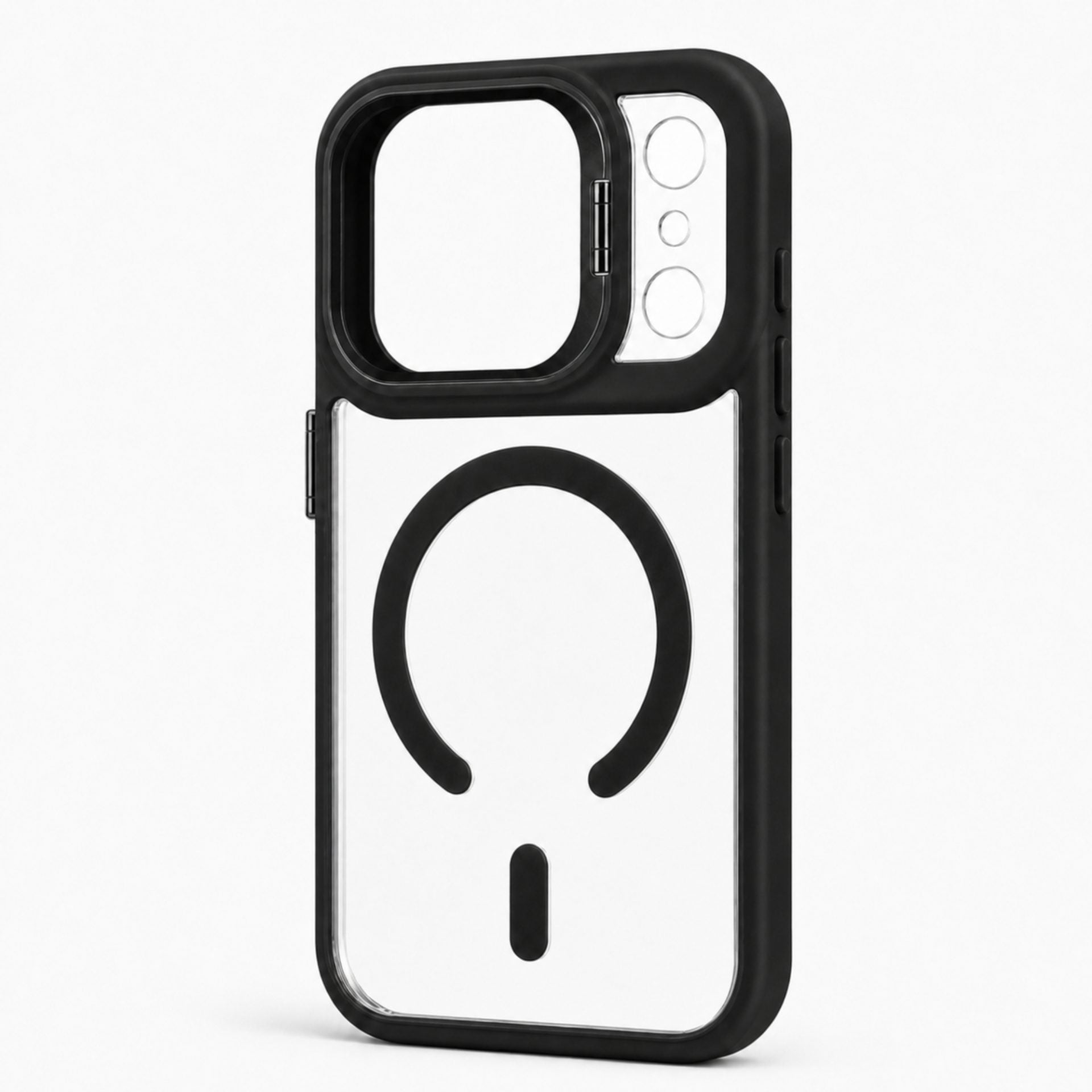 Husa de Protectie Telefon, Compatibila cu iPhone 17 Pro, MagSafe, Acrylic, Suport Metalic Protectie Camera, Anti-Soc, Transparent/Negru